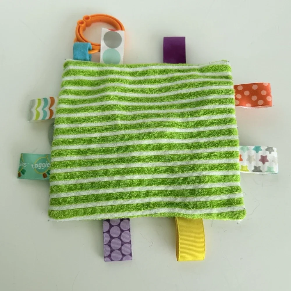 Taggies Elephant Sensory Crinkle Baby Toy‎ Green Striped Leaf Print Ribbon Tabs